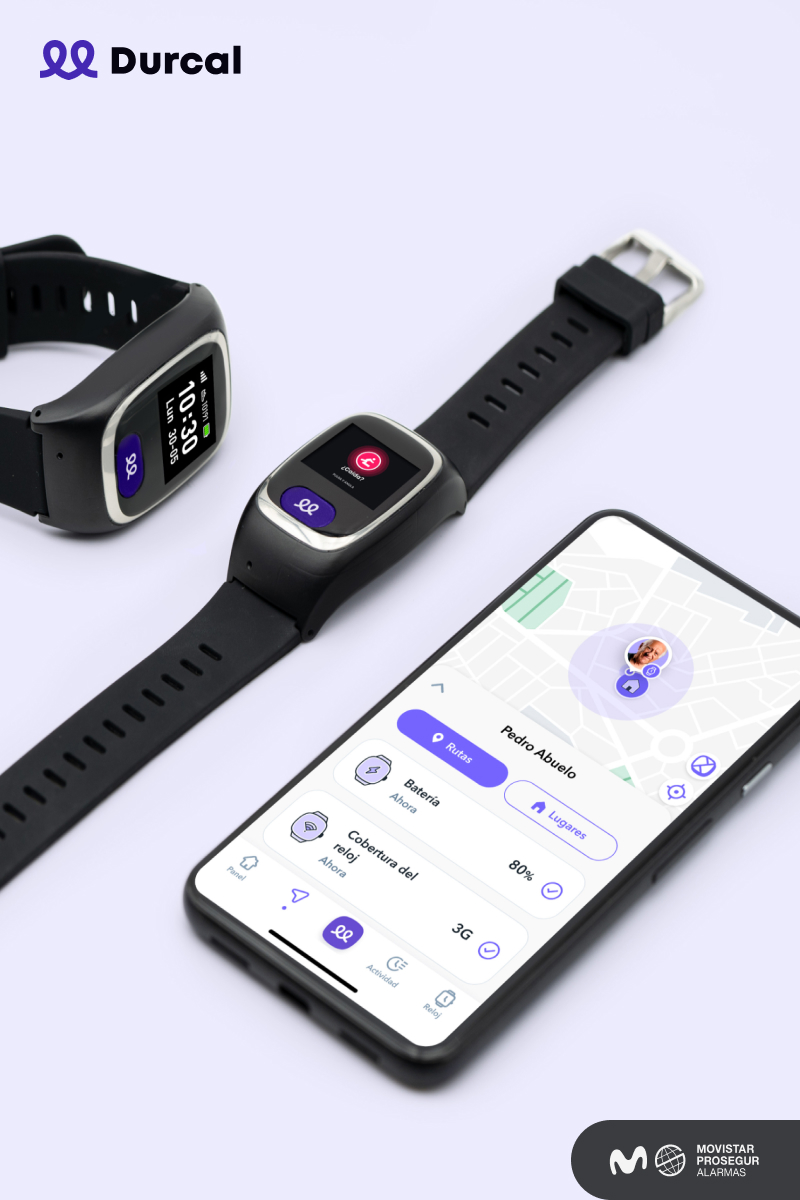 Reloj y pantalla de teléfono móvil con app Durcal. Acceso a la galería. Abre nueva ventana