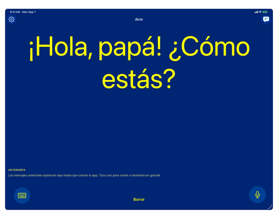 Pantalla de la aplicación con el texto hablado ¡Hola papá! ¿Cómo estás?.. Acceso a la galería. Abre nueva ventana