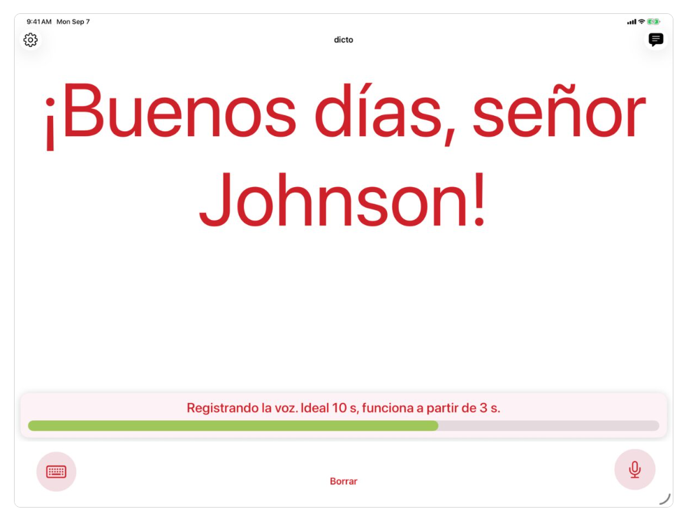 Pantalla de la aplicación con el texto hablado ¡Buenos días, señor Johnson!.. Acceso a la galería. Abre nueva ventana