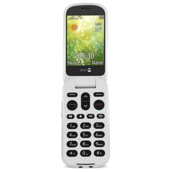 Telefóno móvil abierto, color balnaco con teclas negras. Acceso a la galería. Abre nueva ventana